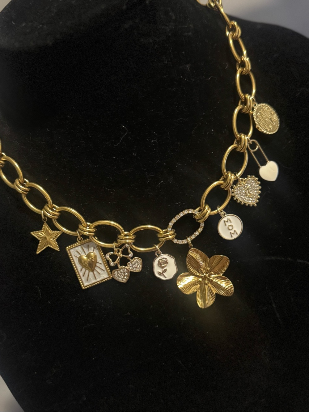 Custom Gold Charm Statement Necklace - Floral & Heart Charms